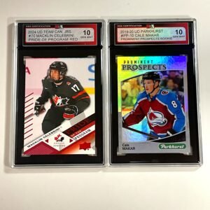 2024 UD Team Can. Jrs. & 2019-20 UD Parkhurst - Macklin Celebrini Pride of Program Red & Cale Makar Prominent Prospects KSA 10 2-Card Bundle