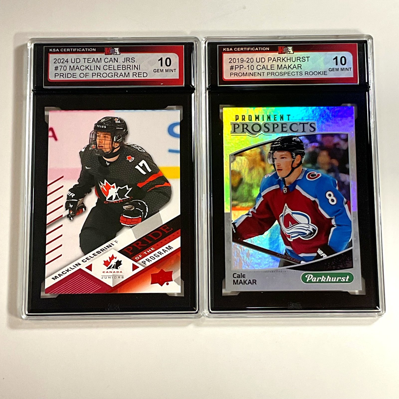 2024 UD Team Can. Jrs. & 2019-20 UD Parkhurst – Macklin Celebrini Pride of Program Red & Cale Makar Prominent Prospects KSA 10 2-Card Bundle