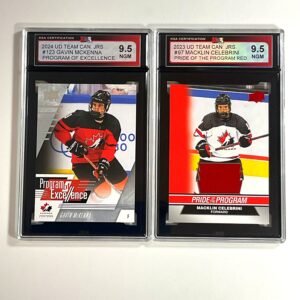 2024 & 2023 UD Team Can. Jrs. - Gavin McKenna Program of Excellence & Macklin Celebrini Pride of Program Red NGM 9.5 2-Card Bundle