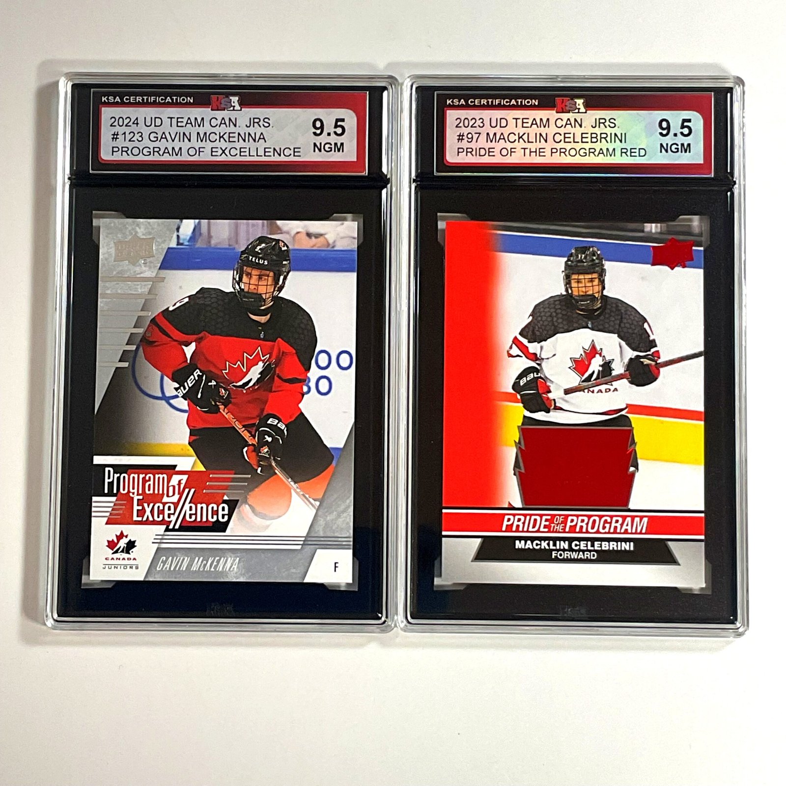2024 & 2023 UD Team Can. Jrs. – Gavin McKenna Program of Excellence & Macklin Celebrini Pride of Program Red NGM 9.5 2-Card Bundle