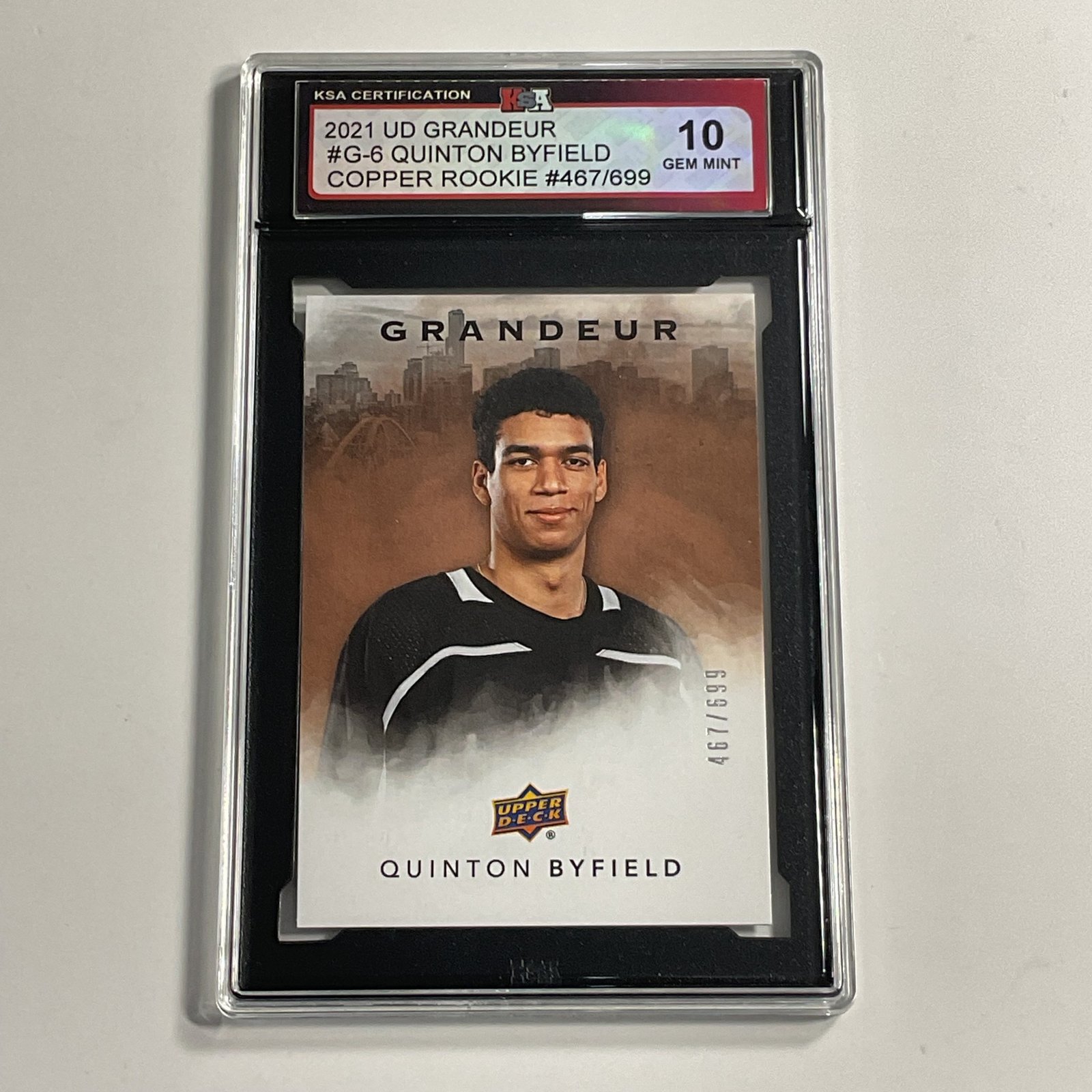 2021 UD Grandeur Quinton Byfield #G-6 Copper Rookie /699 (#467) KSA 10